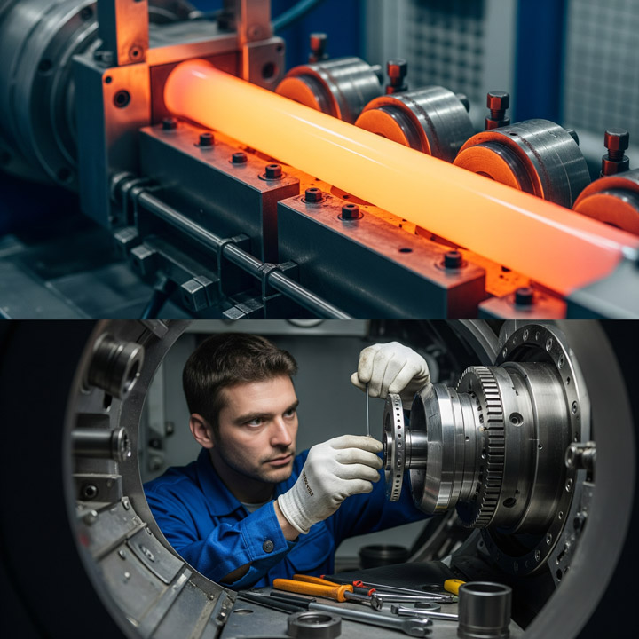 تصویری ترکیبی. در نیمه بالایی، یک نمای نزدیک و باکیفیت از دستگاه اکسترودر در حال کار که لوله پلاستیکی و پی و ی سی گرم از آن خارج می‌شود. در نیمه پایینی، تصویری از یک مهندس یا تکنسین که در حال بررسی و تعویض یک قطعه یدکی پیچیده از دستگاه است. این تصویر حس پیچیدگی فنی و هزینه‌های نگهداری را القا می‌کند. این تصویر نشان از خط تولید لوله PVC و تأثیر هزینه نگهداری و قطعات یدکی ماشین‌آلات بر هزینه تولید لوله پلاستیکی.