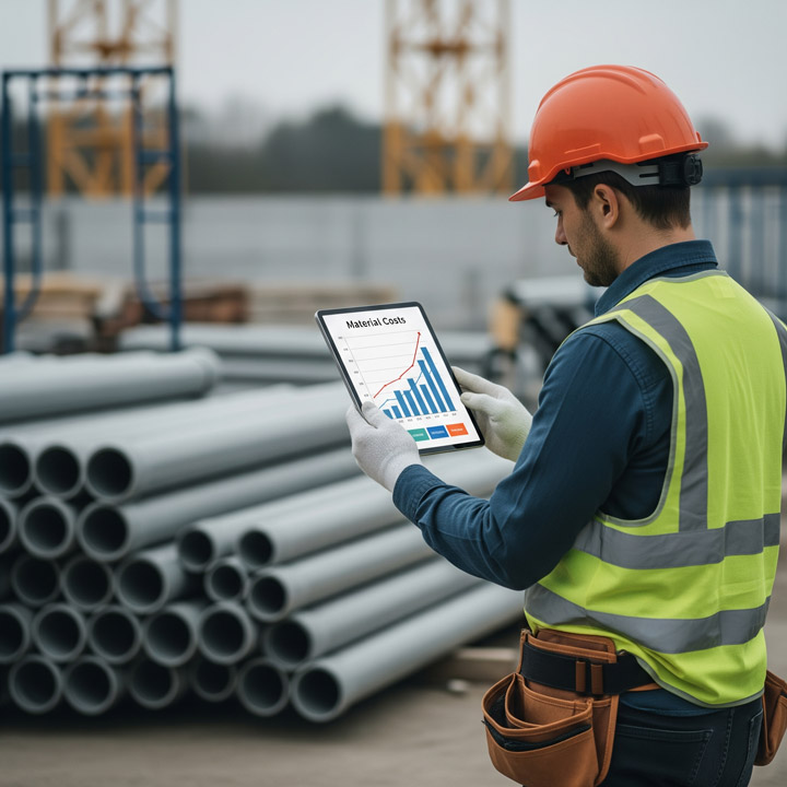 تصویری مفهومی از یک پیمانکار یا مهندس تأسیسات (شخصیت مریم یا علی در بریف) که در یک پروژه ساختمانی ایستاده و با نگرانی به نموداری روی تبلت خود نگاه می‌کند. نمودار یک خط صعودی تند را نشان می‌دهد که با برچسب "هزینه مصالح" مشخص شده است. در پس‌زمینه، لوله‌های پلیکا چیده شده‌اند.